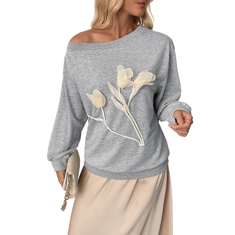 Damen Lockeres Off-Shoulder Sweatshirt mit 3D-Blütenapplikation und überschnittener Schulter Shop Nory