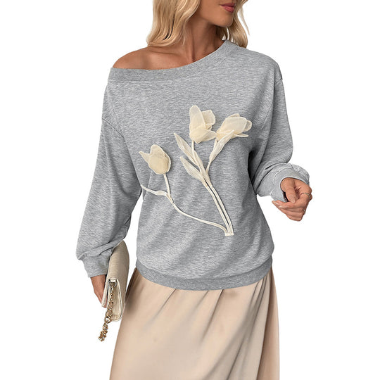 Damen Lockeres Off-Shoulder Sweatshirt mit 3D-Blütenapplikation und überschnittener Schulter Shop Nory