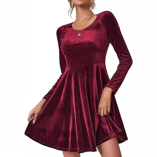 Damen Elegantes Samtkleid mit geschwungenem Saum und langen Ärmeln