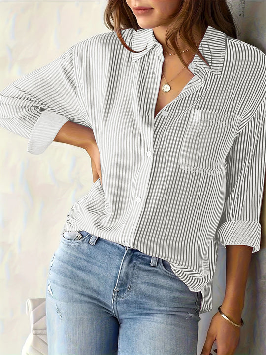 Damen Leichte Oversize-Hemdbluse mit vertikalen Streifen, Kentkragen und dreiviertelärmeln Shop Nory