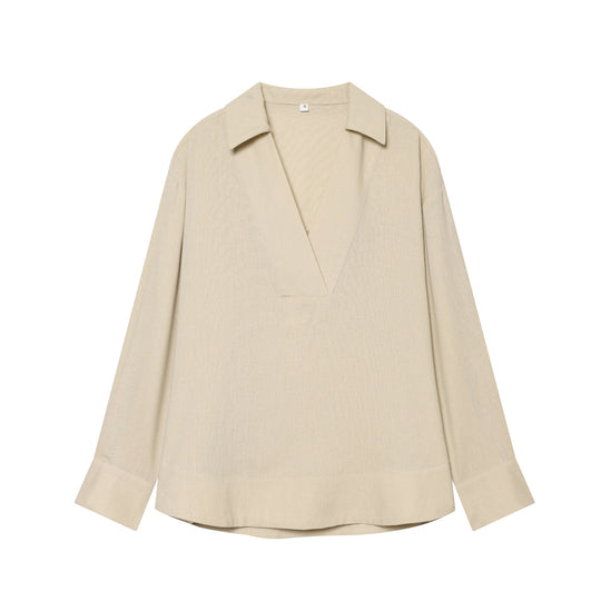 Damen Locker fallende Leinenoptik Bluse mit V‑Ausschnitt, Hemdkragen und Umschlagmanschetten Shop Nory