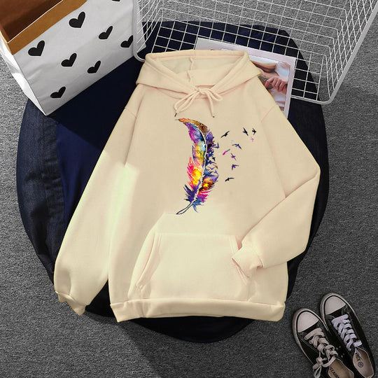 Damen nan Kapuzenpullover mit künstlerischem Aquarell‑Federmotiv, Oversize‑Schnitt und Kängurutasche Shop Nory