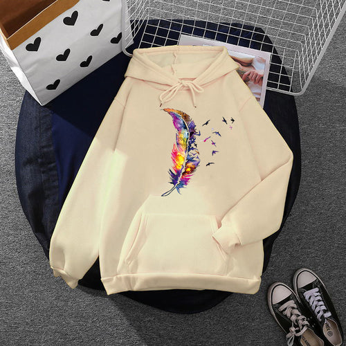 Damen nan Kapuzenpullover mit künstlerischem Aquarell‑Federmotiv, Oversize‑Schnitt und Kängurutasche Shop Nory