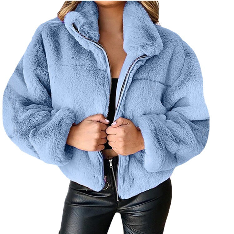 Damen nan kurze kuschelige Kunstpelzjacke mit Stehkragen und Reißverschluss Shop Nory