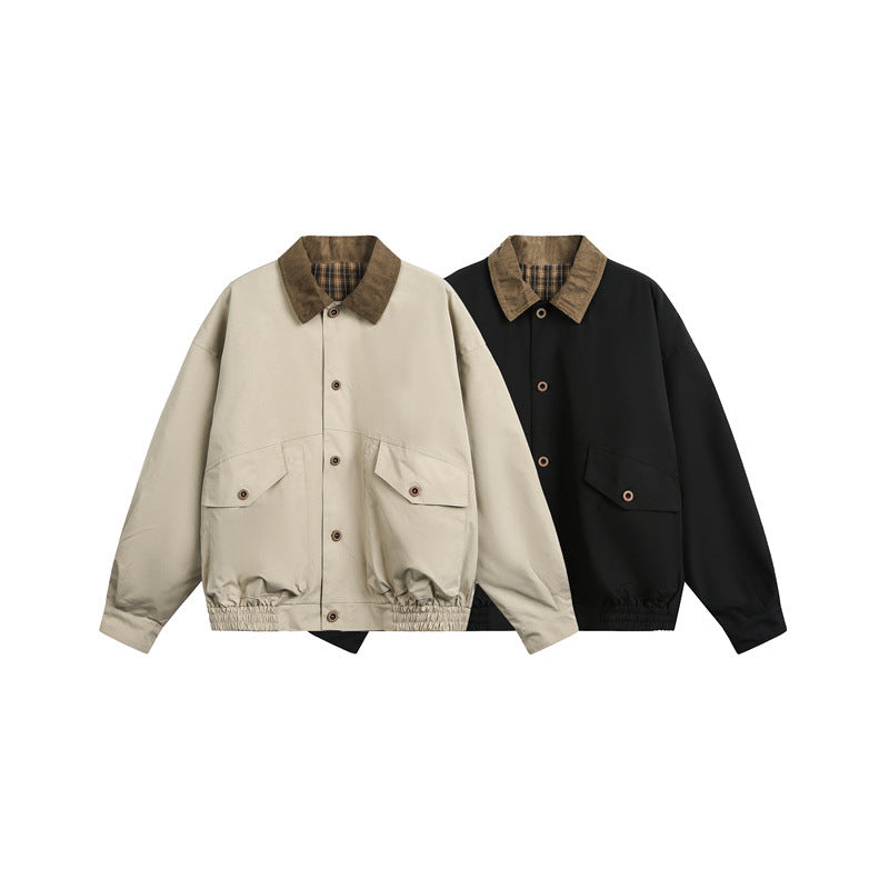 Unisex Kastig geschnittene Blousonjacke im Fieldstil mit Cordkragen und Karo‑Innenfutter Shop Nory