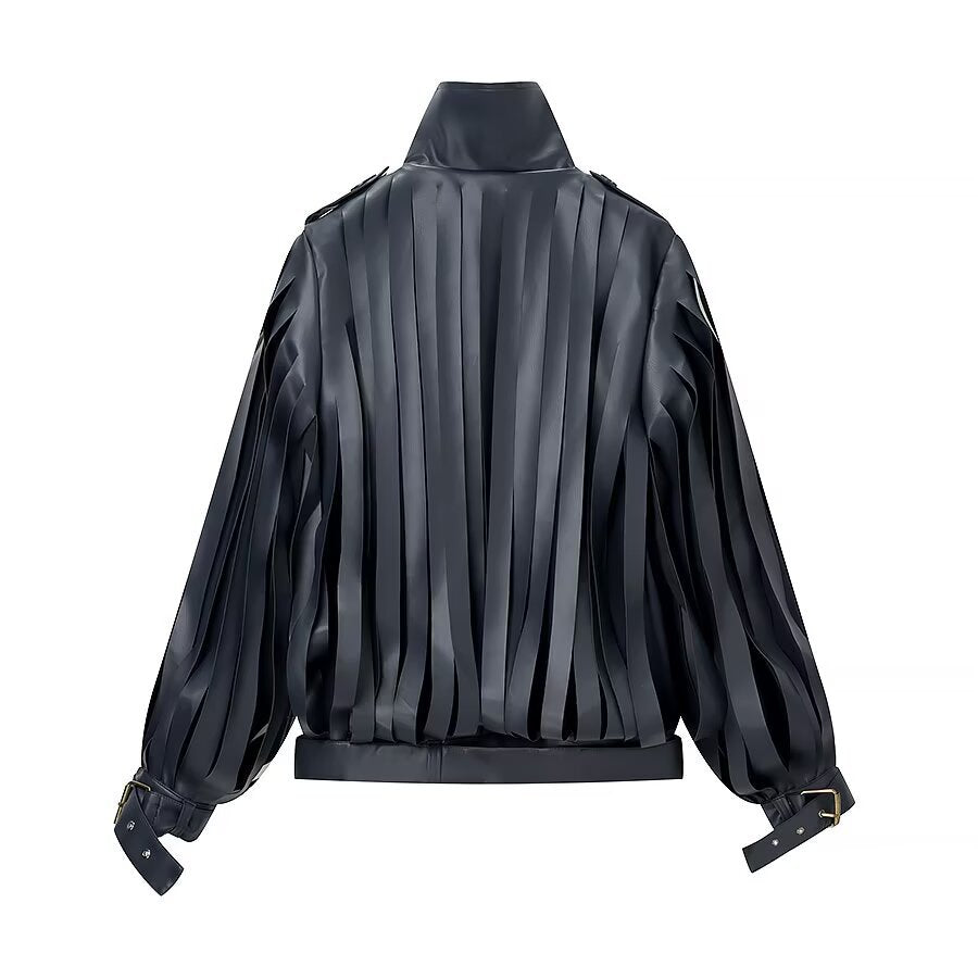 Damen Lederimitat‑Fransenblouson mit Stehkragen und Taillengürtel Shop Nory