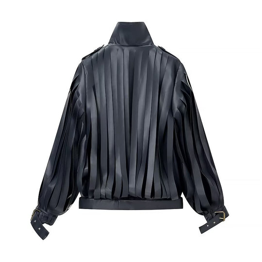Damen Lederimitat‑Fransenblouson mit Stehkragen und Taillengürtel Shop Nory