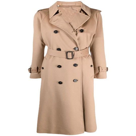 Damen Midilanger Wollmix-Trenchcoat im Tailoring mit Doppelreihe, Taillengürtel und Epauletten Shop Nory