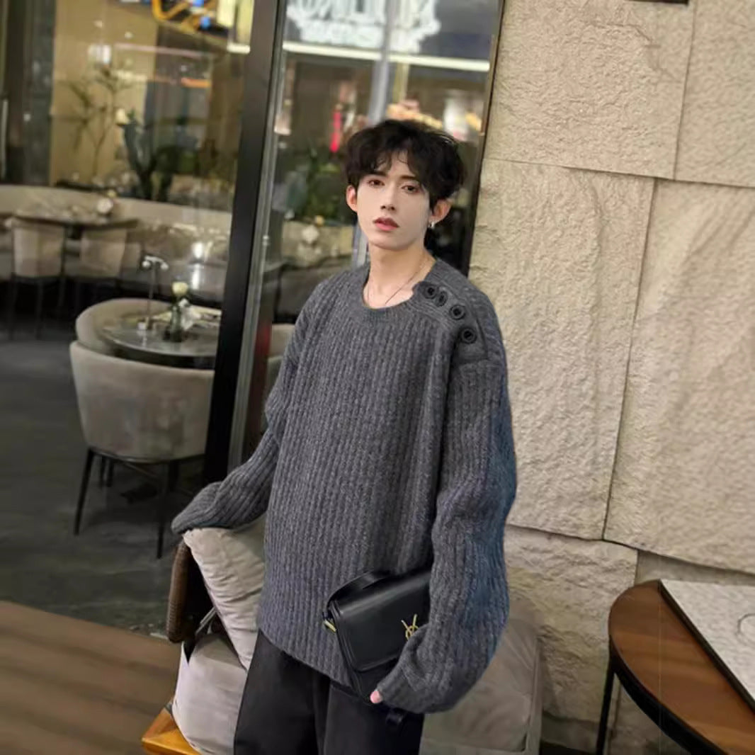 Herren Grobgestrickter Oversize-Pullover mit Rundhalsausschnitt und Schulterknopfleiste Shop Nory