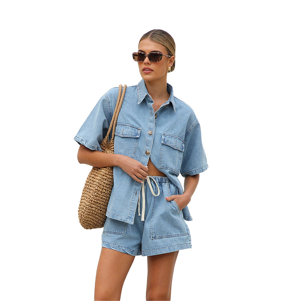 Damen lässige Kurzarm-Jeansbluse mit passender Shorts