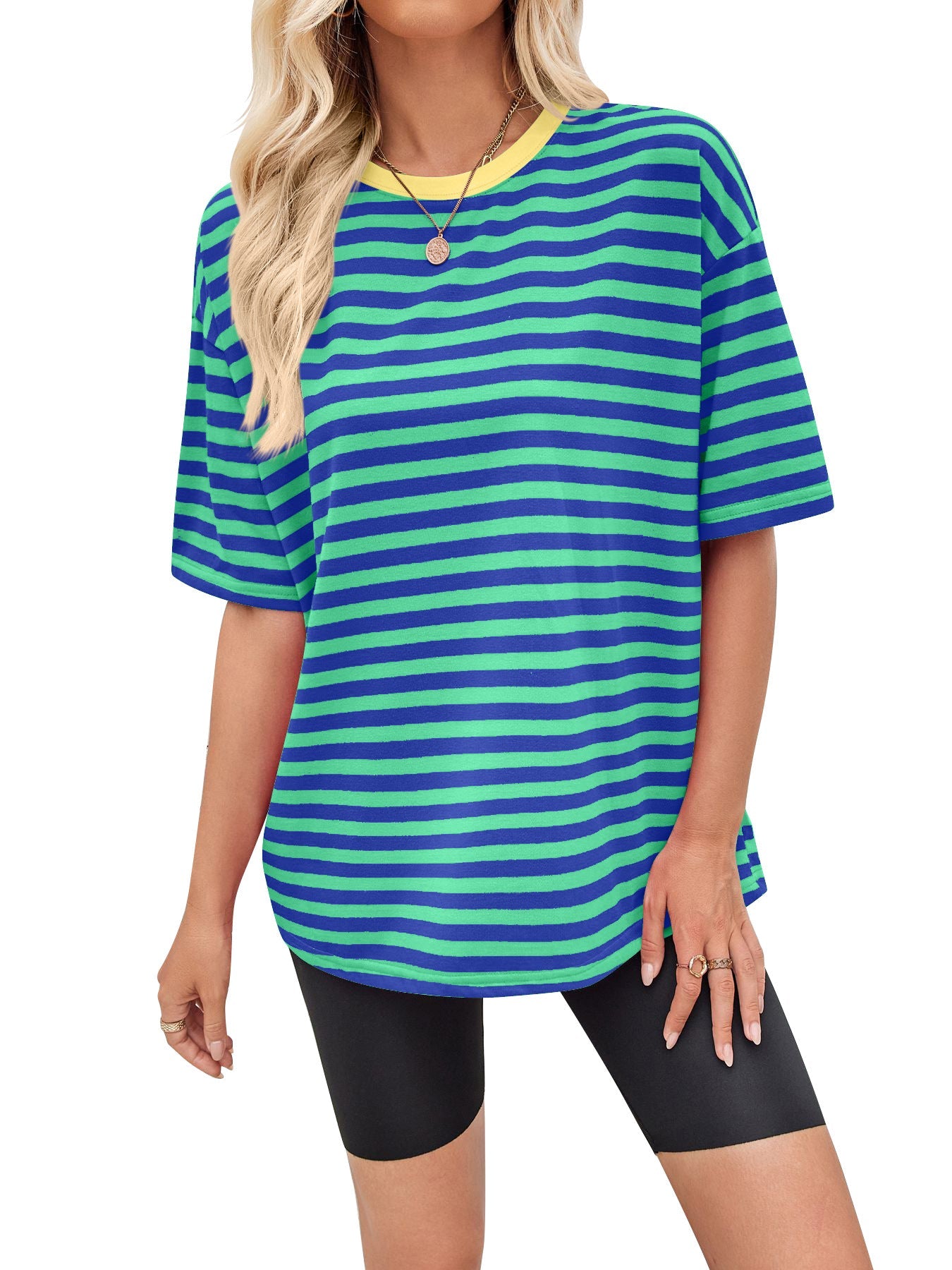 Damen gestreiftes Oversize T-Shirt mit Rundhalsausschnitt und Kontrastdetails