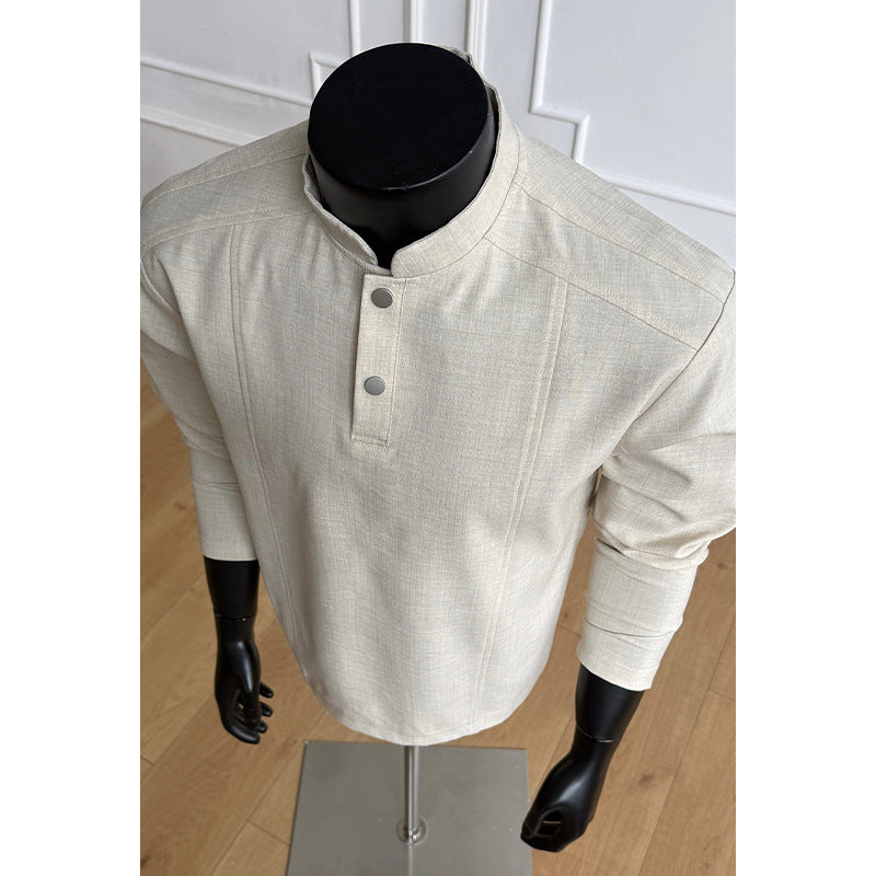 Herren Elegant modernes Langarm-Shirt mit Stehkragen und Knopfleiste Shop Nory