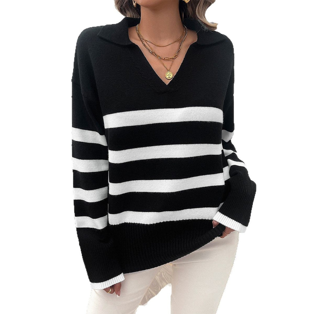 Damen nan lässiger V‑Ausschnitt Strickpullover mit Polokragen, gerippten Ärmelsäumen und markanten Blockstreifen Shop Nory
