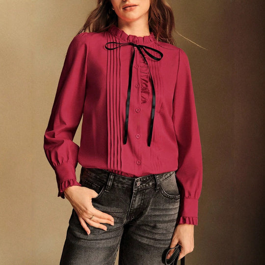 Damen Rüschenbluse mit Stehkragen, Längsfalten und Schleifenband Shop Nory