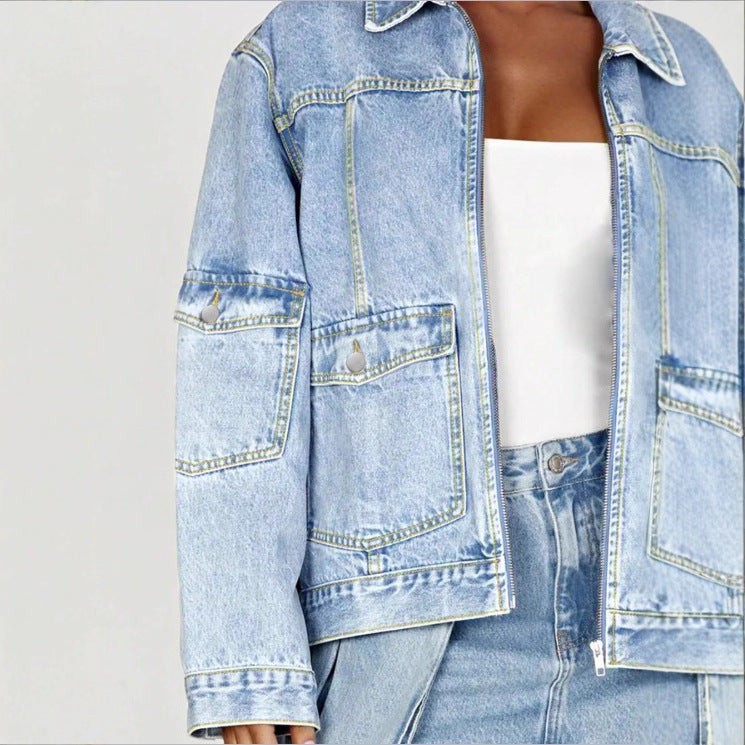 Damen Oversize Utility-Denimjacke mit großen Pattentaschen und Reißverschluss Shop Nory