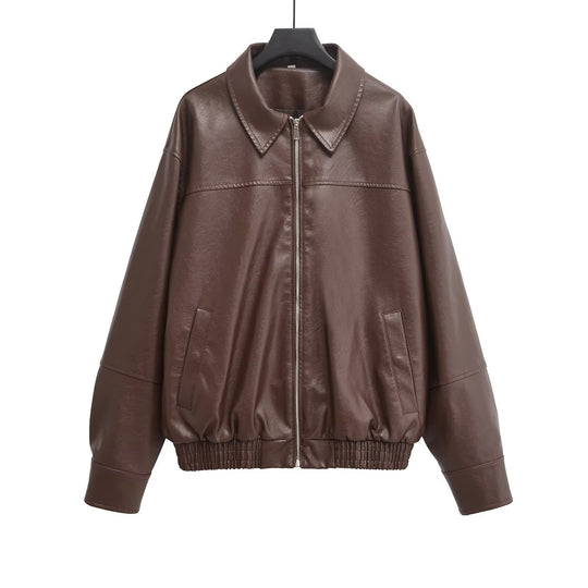 Damen Oversized Kunstlederjacke mit Hemdkragen, durchgehendem Reißverschluss und elastischem Saum Shop Nory