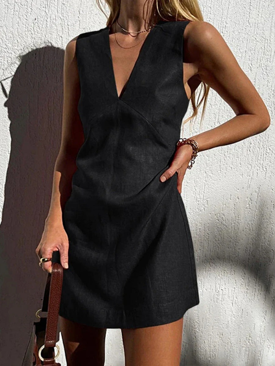 Damen leichtes Leinenkleid mit tiefem V-Ausschnitt und ärmellosem Design