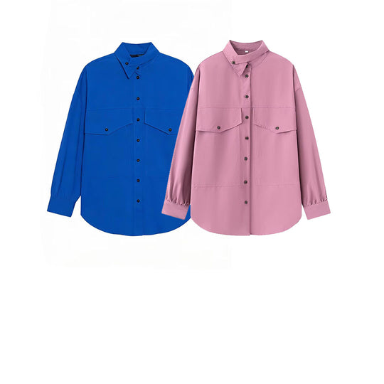 Damen Oversized Utility-Hemdbluse mit überschnittener Schulter, Pattentaschen und Stehkragen Shop Nory