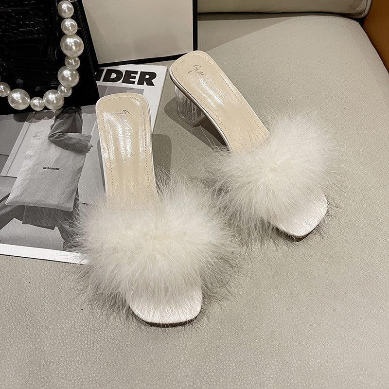 Damen Elegante Hausschuhe mit plüschigem Futter und transparentem Absatz