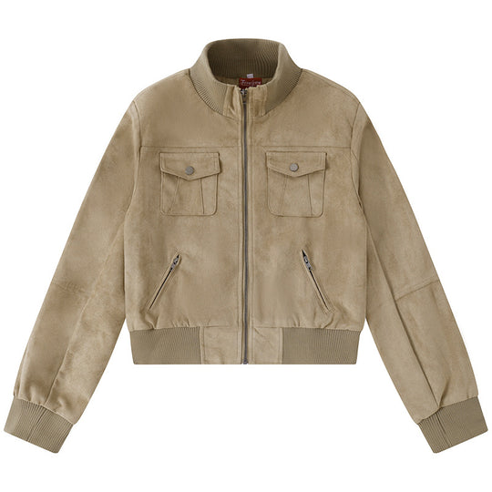Damen Kurzgeschnittene Bomberjacke aus Veloursimitat mit Brustpatten und Reißverschlusstaschen Shop Nory