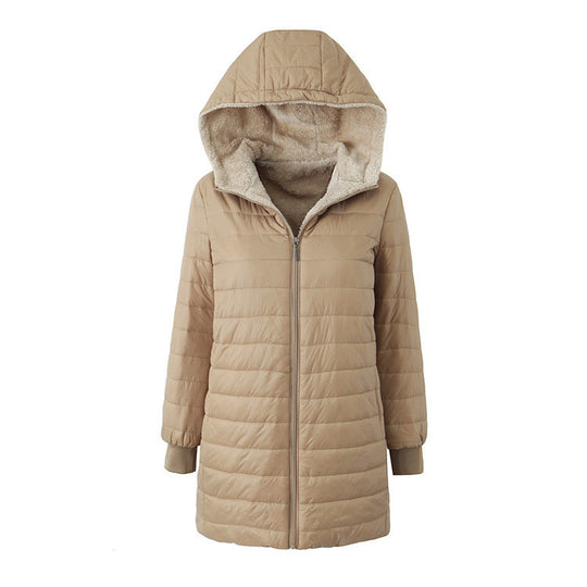 Damen Langer Steppmantel mit Teddyfutter und Kapuze Shop Nory