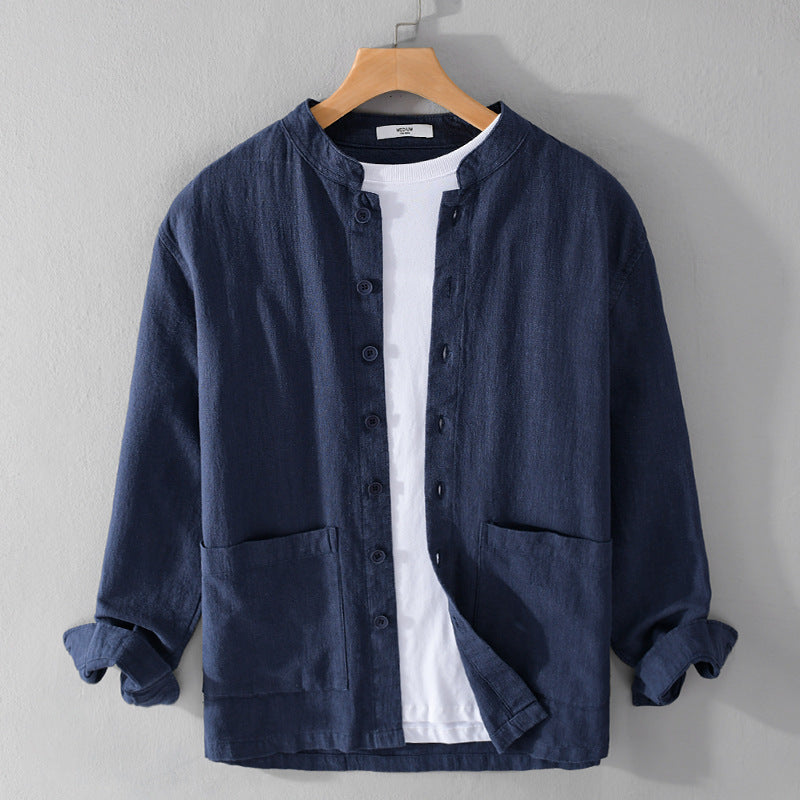 Herren Leinenjacke mit Stehkragen und aufgesetzten Taschen Shop Nory