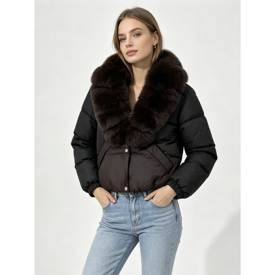 Damen nan kurze wattierte Cropped-Jacke mit extra voluminösem Kunstpelz-Schalkragen und elastischen Bündchen Shop Nory