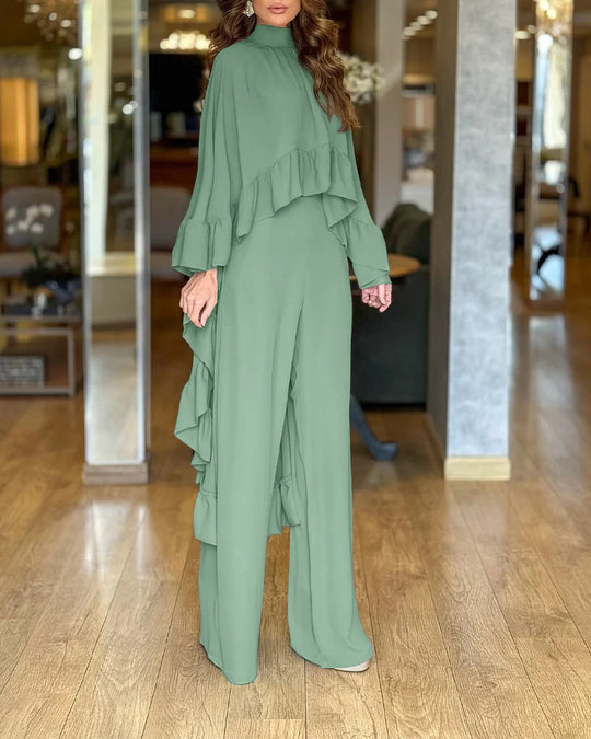 Damen Eleganter Overall mit Cape-Volant und weitem Palazzohosenbein Shop Nory