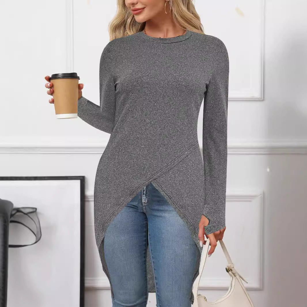 Damen Langes asymmetrisches Tunika-Top mit überlappender Vorderseite und Seitenschlitzen Shop Nory
