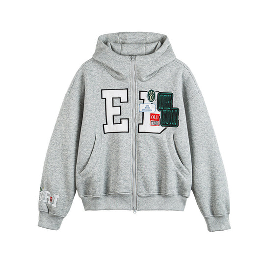 Unisex Oversize Kapuzenzipjacke mit Collegiate‑Patches Shop Nory