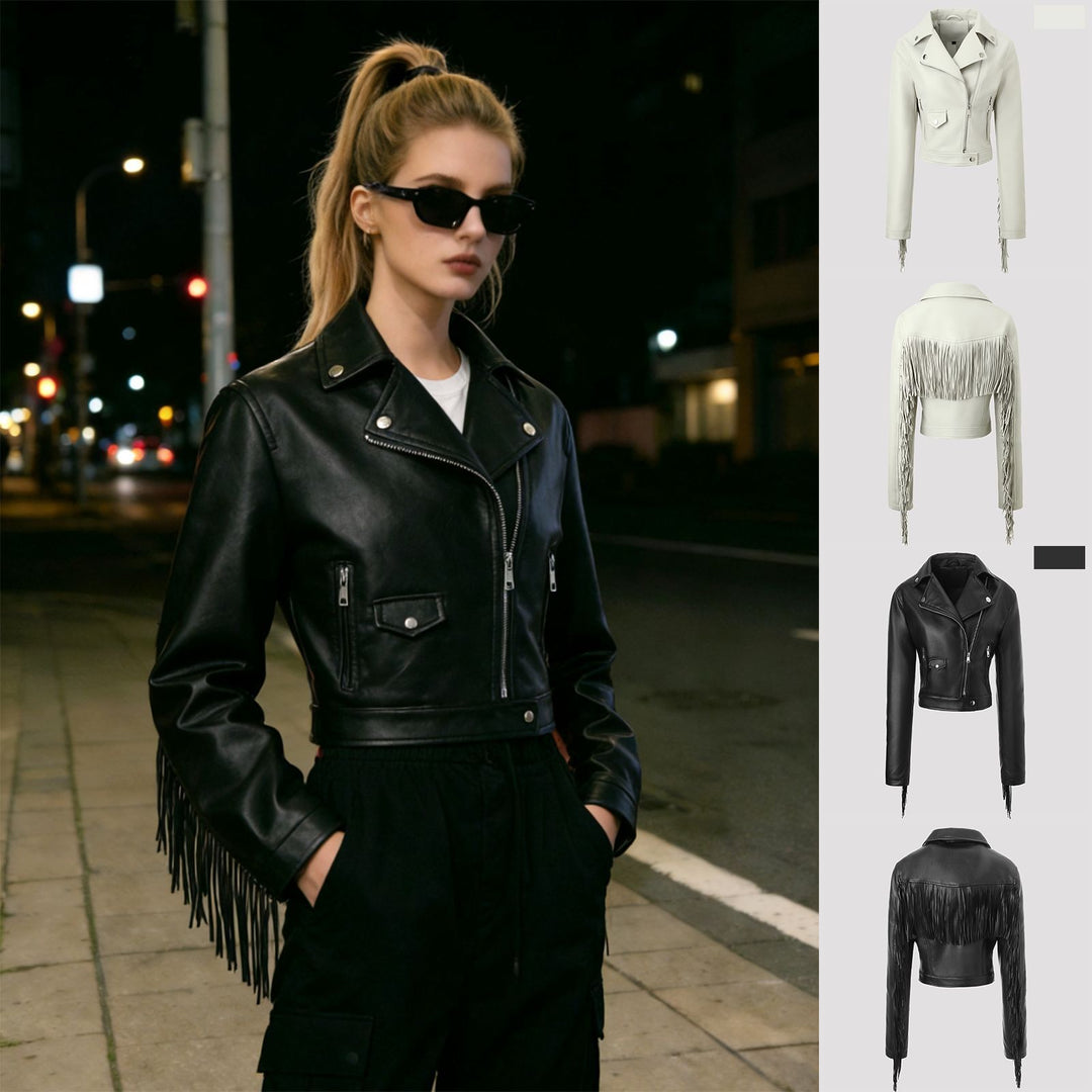 Damen Kurz geschnittene taillierte Bikerjacke aus Kunstleder mit Fransen an den Ärmeln und asymmetrischem Reißverschluss Shop Nory