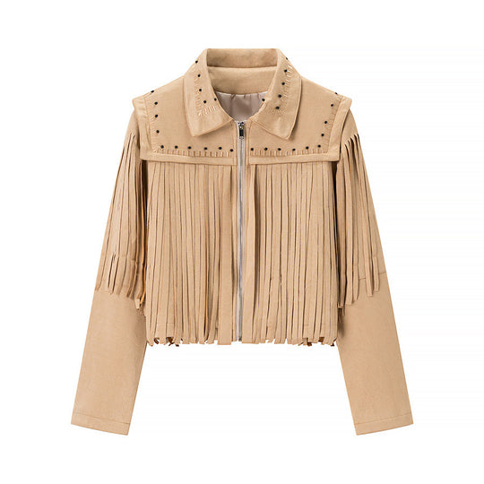 Damen Kurze Fransen-Suedejacke im Westernstil mit Nietenbesatz und Frontreißverschluss Shop Nory