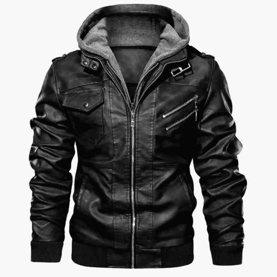 Herren Kunstleder-Bomberjacke mit Kapuzen-Inlay, Mehrfach-Reißverschlusstaschen und Rippbündchen Shop Nory