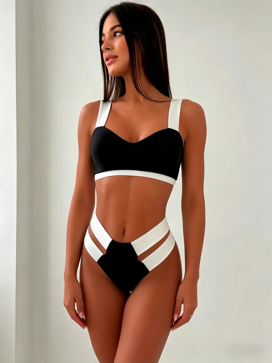 Damen Sportlicher Bikini mit kontrastierenden Farbelementen Shopnory