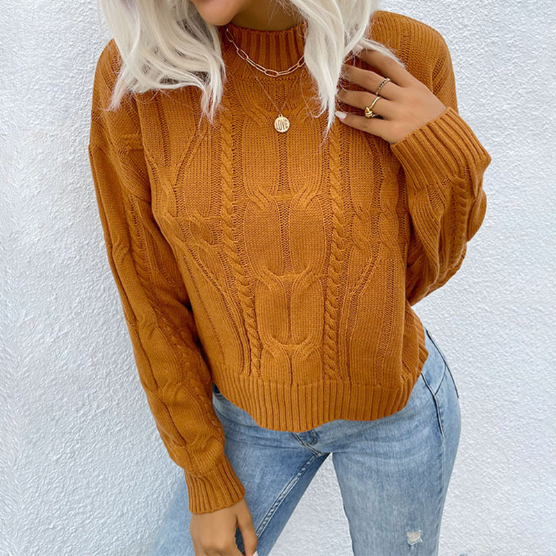 Damen Kurzgeschnittener Zopfmuster-Strickpullover mit Stehkragen Shop Nory