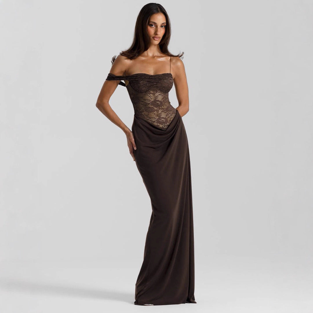 Damen Elegantes Cocktailkleid mit Spitzenoberteil und fließendem Rock