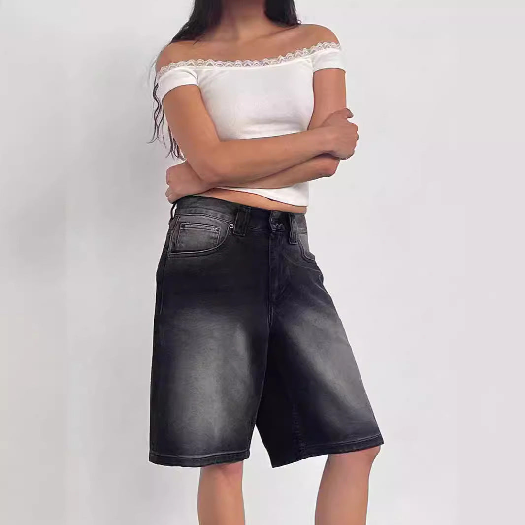 Damen lässige Denim-Shorts mit weitem Schnitt und hohen Seitentaschen