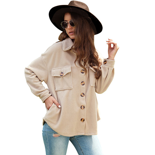 Damen Oversize-Fleece-Hemdjacke mit aufgesetzten Brusttaschen und durchgehender Knopfleiste Shop Nory