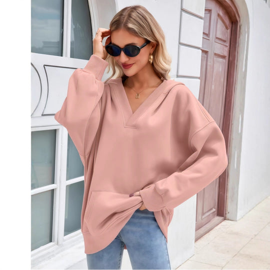 Damen Oversize V-Ausschnitt Hoodie mit Kapuze, Kängurutasche und verlängertem Saum Shop Nory