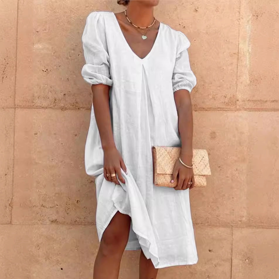 Damen lässiges Leinenkleid mit V-Ausschnitt und Puffärmeln