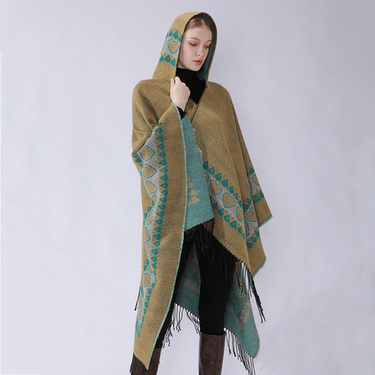 Damen Kapuzen-Capeponcho aus Wollmix mit Herz-Jacquard und Fransensaum Shop Nory