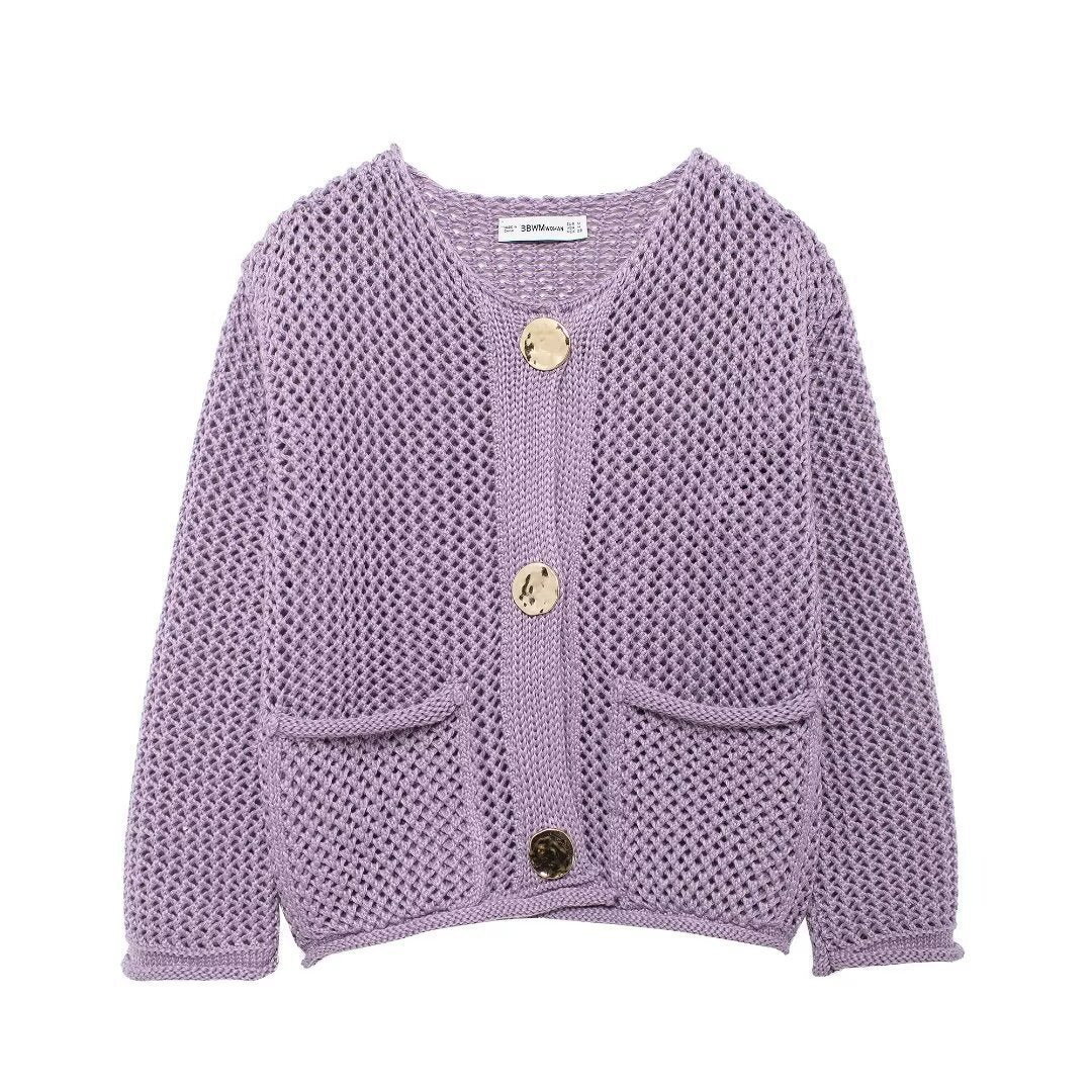 Damen Strickjacke mit offener Netz-Struktur, Zierknöpfen und aufgesetzten Taschen Shop Nory