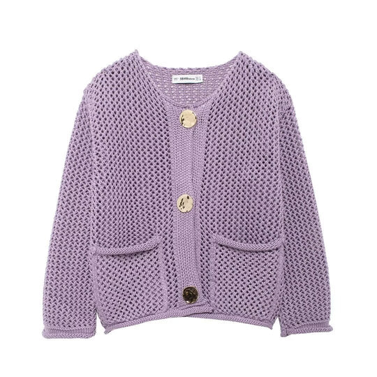 Damen Strickjacke mit offener Netz-Struktur, Zierknöpfen und aufgesetzten Taschen Shop Nory