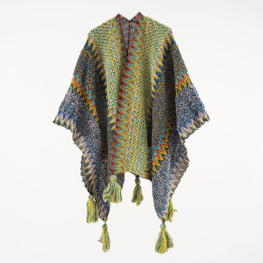 Damen Kurzponcho aus Bouclé-Strick mit Zickzack-Jacquard und Quasten Shop Nory