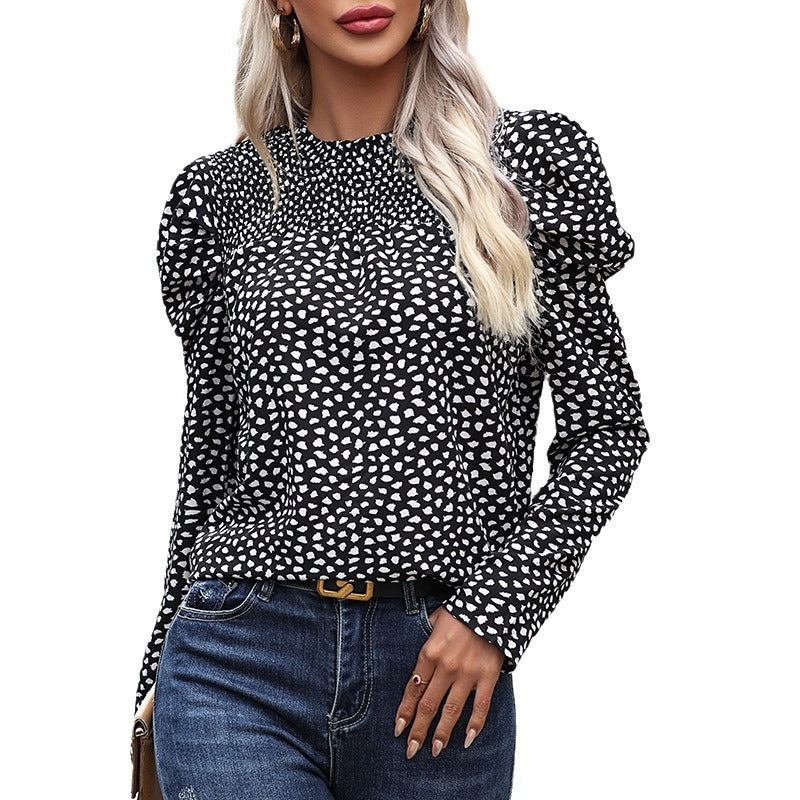 Damen Gesmoktes Stehkragen-Blusentop mit Puffärmeln und Allover-Tupfenprint Shop Nory