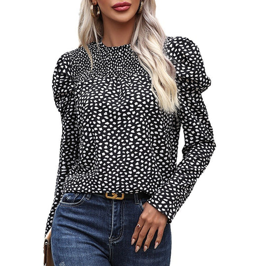 Damen Gesmoktes Stehkragen-Blusentop mit Puffärmeln und Allover-Tupfenprint Shop Nory
