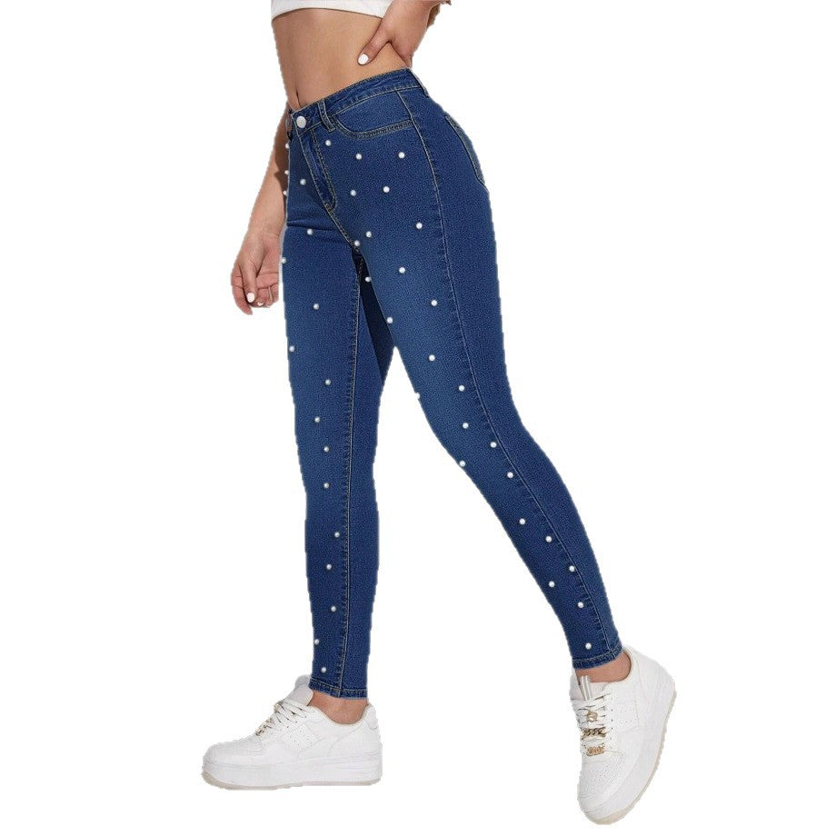 Damen hochtaillierte Skinny-Jeans mit Perlenbesatz Shop Nory