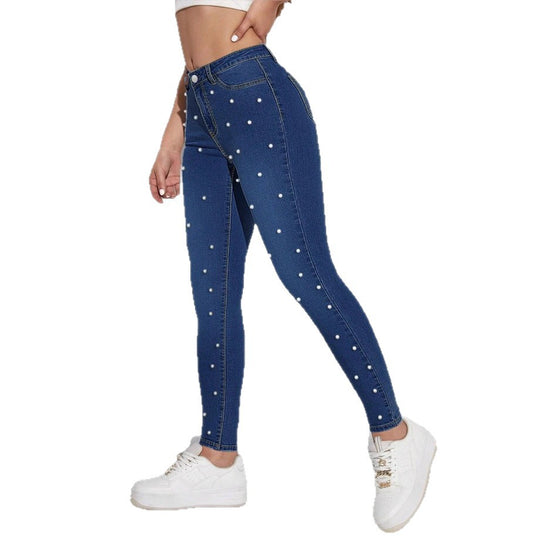 Damen hochtaillierte Skinny-Jeans mit Perlenbesatz Shop Nory