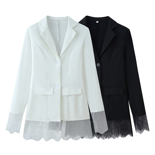 Damen Langblazer mit Spitzenbesatz an Saum und Manschetten, taillierter Schnitt Shop Nory