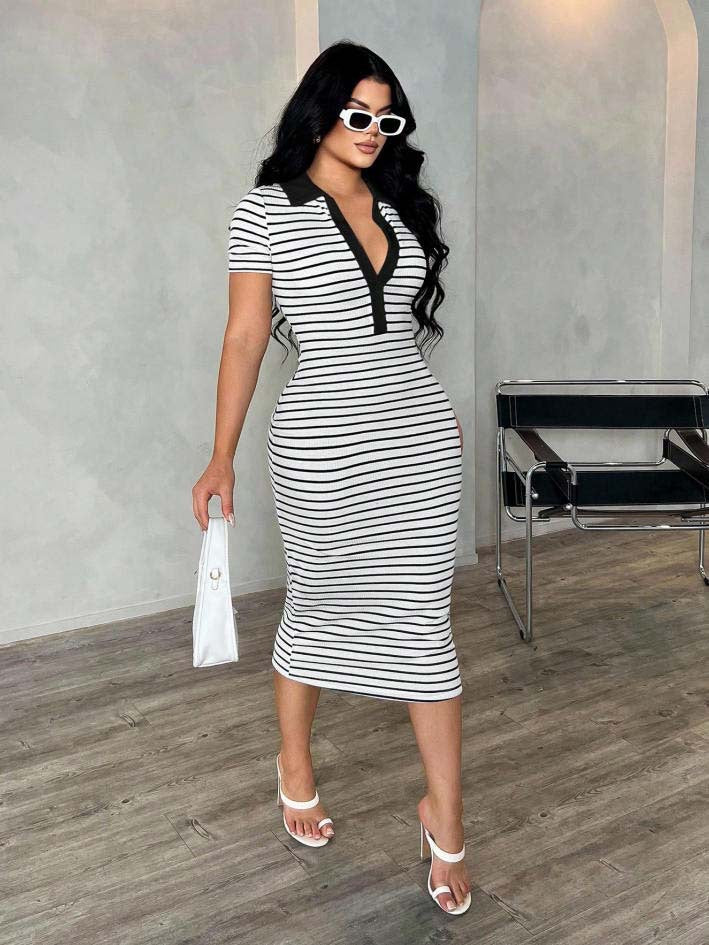 Damen Figurbetontes Polokleid im Streifen‑Look aus Rippstrick mit kurzem Ärmel Shop Nory